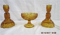 Amber glass candy dish and 2 - 6.5" candlesticks