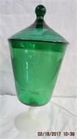 Footed covered etched glass jar 9.5"H