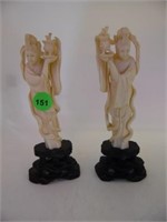 PAIR OF IVORY GEISHIA FIGURINES - 6.5" ON WOODEN S