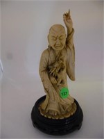 IVORY ASIAN MAN WITH DRAGON ON WOODEN STAND - 8" T