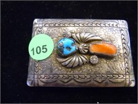 STERLING SILVER BELT BUCKLE WITH TURQUOISE & CORAL