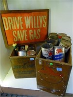 SHELF LOT OF COLLECTIBLE VINTAGE SIGNS, CRATES & O