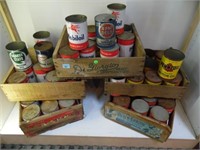 SHELF LOT OF COLLECTIBLE OIL CANS & WOODEN CRATES