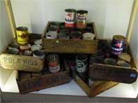 SHELF LOT OF COLLECTIBLE OIL CANS & CRATES - LOCAL