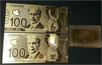 Two 24k Gold foil $100 novelty banknotes