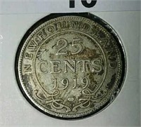 1919C NFLD Silver 25 cent coin