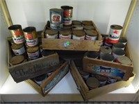 SHELF LOT OF COLLECTIBLE OIL CANS & WOOD CRATES -