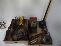2 BOXES - ICE TONGS, OIL CAN, BRASS BOOKEND, TOOLS