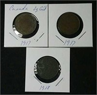 Three Canada Large 1 cent coins 1917-18