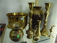 9 PC BRASS LOT - CANDLE HOLDERS, POT, VASE, SPITTO