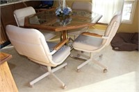 Retro Octagon Oak & Glass Table & Leather Chairs