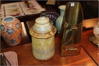 2pc Lidded Pottery Jar, Brass Kindling Box