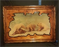 Photograph of 3 polor bears and seal on wood