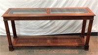 Walnut Framed Beveled Glass Top Cane Console Table