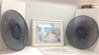 Circular Wicker Wall Art & 2 Framed Pictures