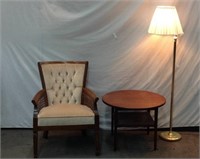 Walnut Cane Cushioned Chair & Table W Floor Lamp