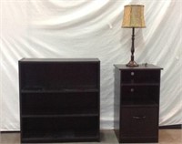 Black Bookcase, Nightstand & Table Lamp