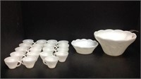 Milk Glass Punch Bowl W/ Dish Ladle & 19 Cups