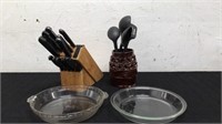 Knife Block Set, Pyrex Pie Pans & Utensils