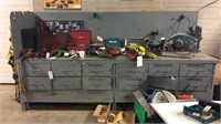 10' x 3' steel work table with 12 storage drawers