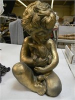 GOLD PAINTED STATUE OF CHILD HOLDING A BUNNY