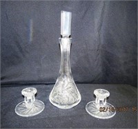 Crystal wine decanter 13" and 2 candlesticks 2.5"