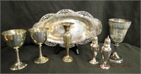 Silver plate 12.25" serving tray, 2 wine glasses,