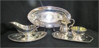 Silver plate gravy boat, cream and sugar both with