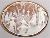 Large Signed Italian 14K Cameo, Men Playing Bocce