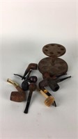 9 vintage smoking pipes and stand