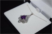 Sterling Silver Necklace w/ Amethyst and Diamonds