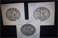 1918s, 1918d, 1919 Walking Liberty Half Dollars