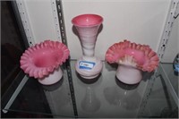 Two Pink & White Fenton Bowls with Ruffled Edges