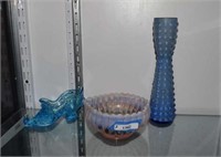 Blue Hobnail Fenton Vase, Blue Fenton Shoe and