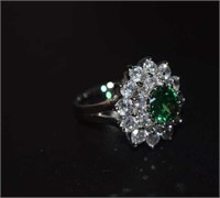 Sterling Silver Ring w/ White Stones and Green