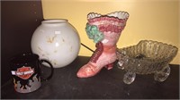 Milk glass lampshade , ceramic Victorian boot