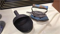 Antique Tin scoop and enameled iron sad iron