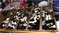 Five Japanese art panels with mother of pearl