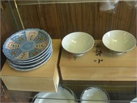 Asian Plates & Bowls w/Wooden Boxes