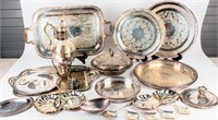 Large Lot Silverplate Trays, Pans, Plates, Carafe