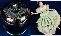 Dresden Porcelain & Carnival Glass Candy Jar