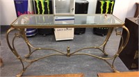 GOLD TONED ORNATE SOFA TABLE WITH BEVELED GLASS