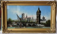Antique Reverse Painted Glass Westminster Painting