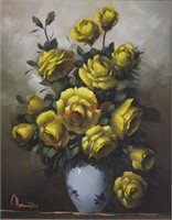 Vintage Floral Still Life Oil on Canvas Painting