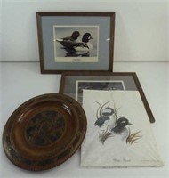 Framed and Unframed Waterfowl Prints, Carved