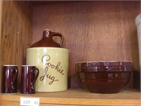 Cookie Jug, Brownware Bowl & Mugs - Vintage