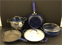 Lot of blue pots and pans