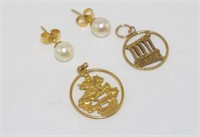 Two gold pendants with a 9ct pair pearl studs