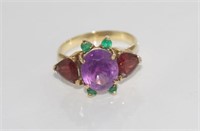 9ct yellow gold, amethyst and garnet ring