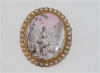 Vintage 18ct gold, enamel and pearl picture brooch